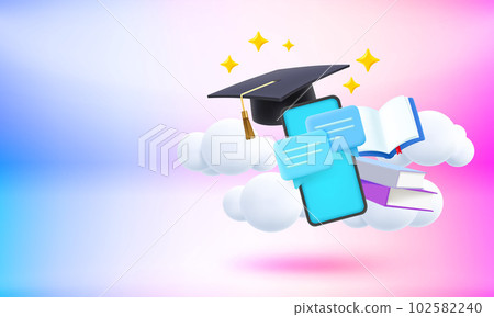 Back to school concept with graduation cap, smartphone and books. 3d vector banner with copy space Back to school concept with graduation cap, smartphone and books. 3d vector banner with copy space 102582240