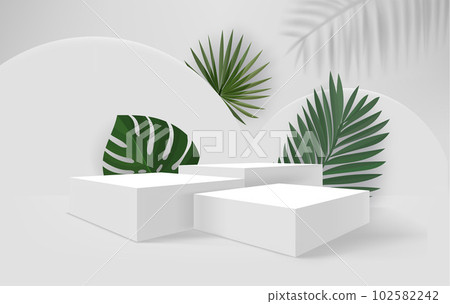 Bright room with podium and green leaves. Eco friendly product showcase template. 3d vector background Bright room with podium and green leaves. Eco friendly product showcase template. 3d vector background 102582242
