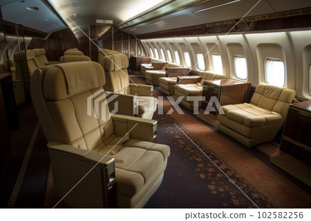 Inside view of a modern airplane cabin with spacious seating, entertainment options, and safety features Generative AI 102582256