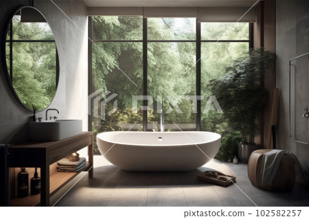 Find peace and relaxation in this bright and clean bathroom, featuring a sleek freestanding bathtub and contemporary fixtures. AI Generative. Find peace and relaxation in this bright and clean bathroom, featuring a sleek freestanding bathtub and contemporary fixtures. AI Generative. 102582257