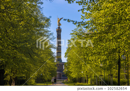 The Victory Column or Siegessaule Viewed from The Tiergarten, Berlin, Germany 102582654