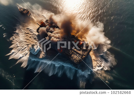 Aerial view of Cargo tanker ship explosion with fire and smoke. Generative AI illustration Aerial view of Cargo tanker ship explosion with fire and smoke. Generative AI illustration 102582668