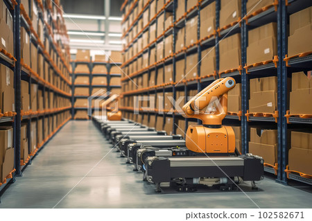 Smart robot arm for innovative warehouse and factory digital technology. Generative AI illustration Smart robot arm for innovative warehouse and factory digital technology. Generative AI illustration 102582671
