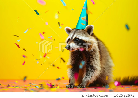 Funny raccoon in turquoise cap dances in confetti on yellow background. Festive party concept. Generative AI Funny raccoon in turquoise cap dances in confetti on yellow background. Festive party concept. Generative AI 102582672