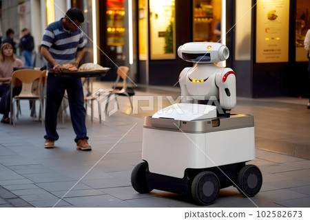 Food delivery robot is driving on the sidewalk. Generative AI illustration Food delivery robot is driving on the sidewalk. Generative AI illustration 102582673