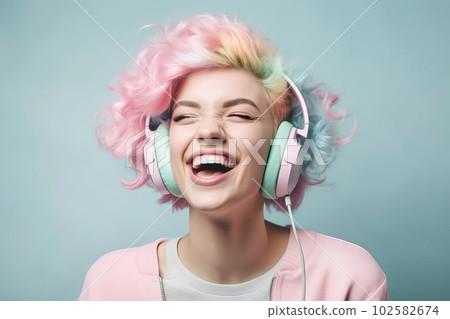 Happy blonde woman with pink hair listens song in headphones. Generative AI illustration Happy blonde woman with pink hair listens song in headphones. Generative AI illustration 102582674