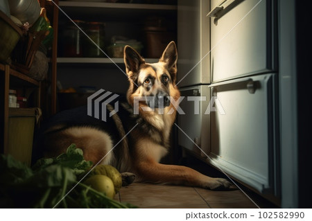 Domestic dog seeks relief from hot summer heat 102582990