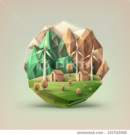 Low poly square landscape with wind turbines field 102583000