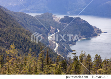 Aerial view of Sea to Sky Highway in Squamish, BC, Canada. 102583008