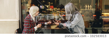 Two happy women having coffee in cafe 102583013