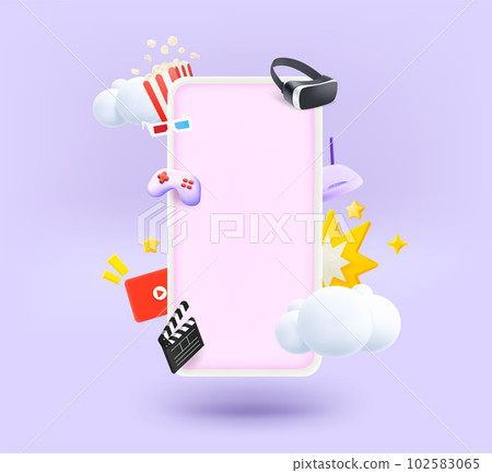 Modern smartphone with video entertainment elements and blank screen. 3d vector illustration 102583065
