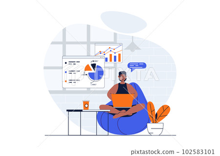 Freelance working web concept with character scene. Man making data report while sitting in chair at home. People situation in flat design. Vector illustration for social media marketing material. Freelance working web concept with character scene. Man making data report while sitting in chair at home. People situation in flat design. Vector illustration for social media marketing material. 102583101