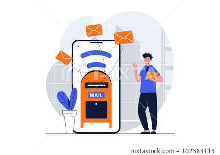 Email marketing web concept with character scene. Man makes advertising mailing and sending mails to clients. People situation in flat design. Vector illustration for social media marketing material. Email marketing web concept with character scene. Man makes advertising mailing and sending mails to clients. People situation in flat design. Vector illustration for social media marketing material. 102583113