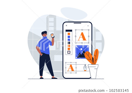 Designer studio web concept with character scene. Man creating mobile app layout and drawing ui elements. People situation in flat design. Vector illustration for social media marketing material. 102583145