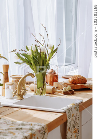Kitchen interior with wood worktop 102583169