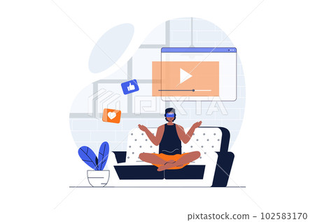 Cyberspace web concept with character scene. Man in VR glasses watching video on screen in virtual reality. People situation in flat design. Vector illustration for social media marketing material. 102583170