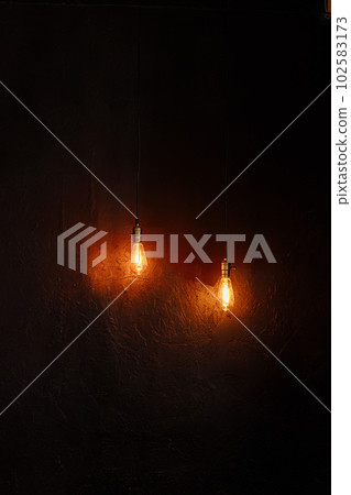 Two vintage light bulbs glow dim orange Two vintage light bulbs glow dim orange 102583173