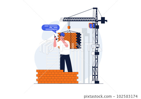 Construction engineer web concept with character scene. Man worker loading bricks with crane at building site. People situation in flat design. Vector illustration for social media marketing material. 102583174