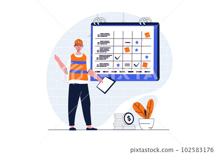 Construction engineer web concept with character scene. Man creating plan and deadline for building process. People situation in flat design. Vector illustration for social media marketing material. 102583176