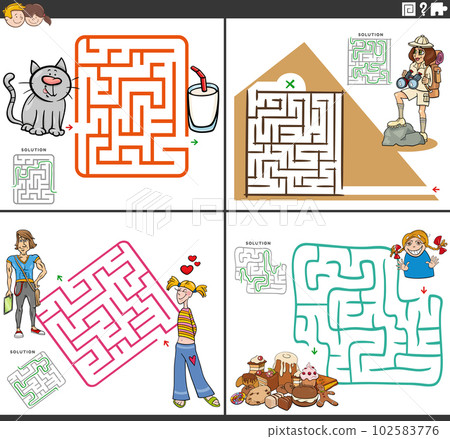 maze activity games set with funny cartoon characters maze activity games set with funny cartoon characters 102583776
