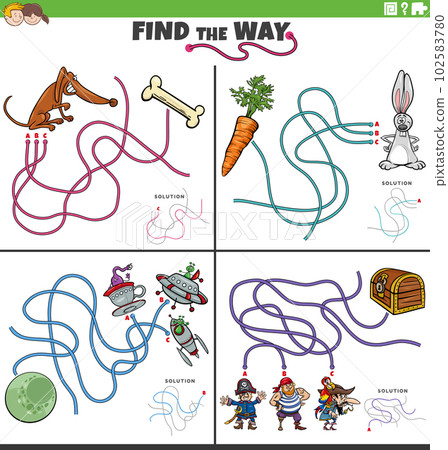 find the way maze game with funny cartoon characters find the way maze game with funny cartoon characters 102583780