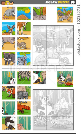 jigsaw puzzle game set with cartoon animal characters 102583781