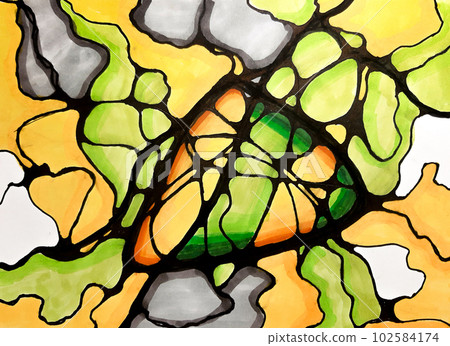 Neurographic drawing, relaxation for body and brain. Mental health of soul and body, neurolines, neural connections. psychological technique, psychology. Black marker pen on a multicolored drawing. 102584174