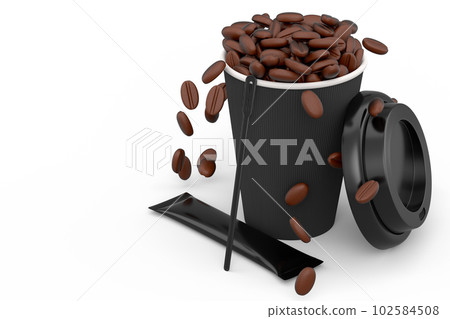 Paper coffee cup with cover, sugar, coffee bean and stick for americano espresso Paper coffee cup with cover, sugar, coffee bean and stick for americano espresso 102584508