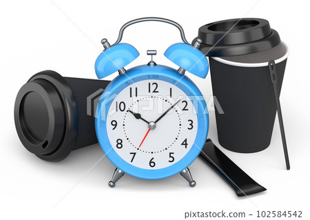 Vintage alarm clock with paper coffee cup on white background. 102584542