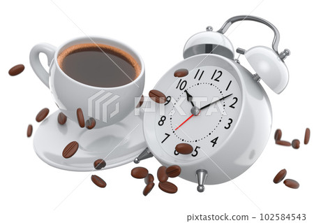 Vintage alarm clock with ceramic coffee cup on white background. Vintage alarm clock with ceramic coffee cup on white background. 102584543