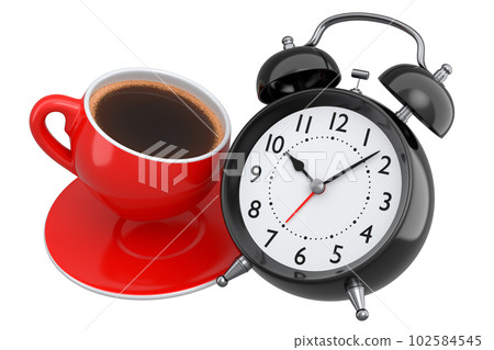 Vintage alarm clock with ceramic coffee cup on white background. Vintage alarm clock with ceramic coffee cup on white background. 102584545
