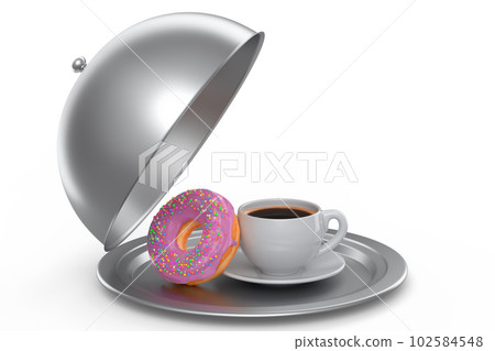 Metal tray with cloche ready to serve with ceramic coffee cup and doughnut Metal tray with cloche ready to serve with ceramic coffee cup and doughnut 102584548