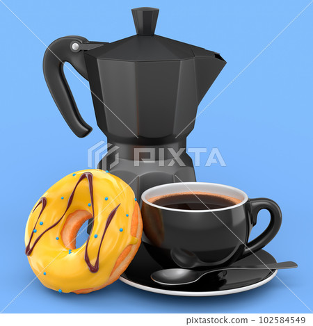 Italian geyser coffee maker and ceramic coffee cup with doughnut on blue 102584549