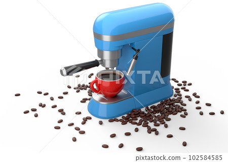 Espresso coffee machine with a horn and ceramic coffee cup on white background. 102584585