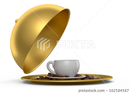 Metal tray with cloche ready to serve with ceramic coffee cup and coffee beans Metal tray with cloche ready to serve with ceramic coffee cup and coffee beans 102584587