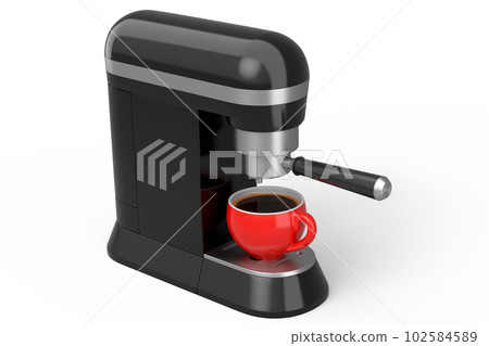 Espresso coffee machine with a horn and ceramic coffee cup on white background. Espresso coffee machine with a horn and ceramic coffee cup on white background. 102584589