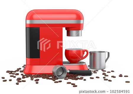 Espresso coffee machine with steel milk frothing pitcher and ceramic coffee cup Espresso coffee machine with steel milk frothing pitcher and ceramic coffee cup 102584591