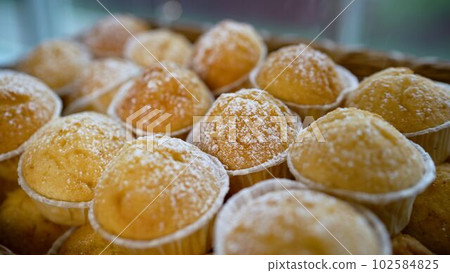 Cupcakes and muffins sprinkled with powdered sugar. Sweet dessert for breakfast at the hotel. Cupcakes are sprinkled with powdered sugar. Muffins are sprinkled with powdered sugar. Cupcakes and muffins sprinkled with powdered sugar. Sweet dessert for breakfast at the hotel. Cupcakes are sprinkled with powdered sugar. Muffins are sprinkled with powdered sugar. 102584825