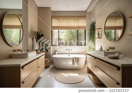 Clean and minimalist modern bathroom with a spacious bathtub, sleek sink, and mirror. White tile, modern fixtures, and ample natural light create an inviting atmosphere. AI Generative. 102585337