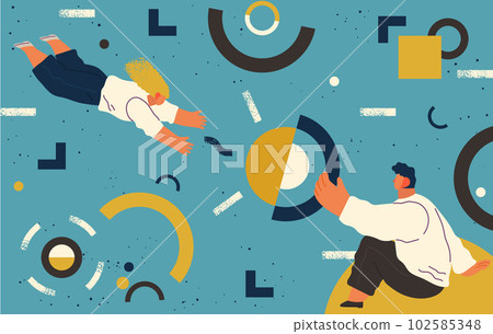 People flying in abstract imaginary space organizing different geometric shapes. Teamwork concept 102585348