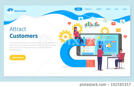 Attract customers landing page template. Big magnet and people with laptop. Customer retention Attract customers landing page template. Big magnet and people with laptop. Customer retention 102585357