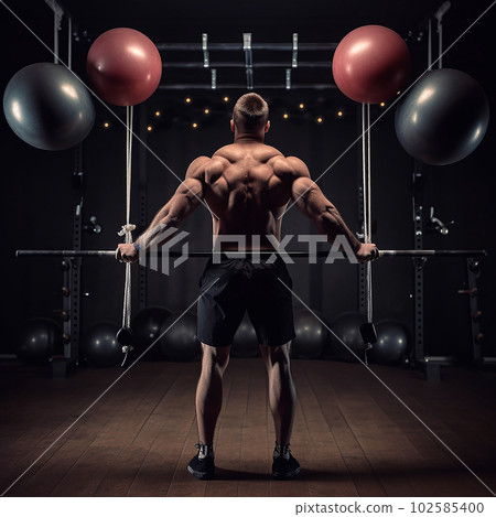 Muscular male bodybuilder with difficulty lifting a barbell with balloons instead of kettlebells, comedy parody illustration, 102585400