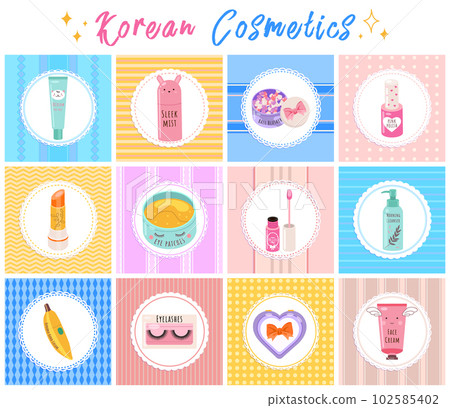 Korean cosmetics skin care and beauty banner with cosmetic accessories in a white round frames Korean cosmetics skin care and beauty banner with cosmetic accessories in a white round frames 102585402
