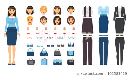 Constructor with changeable elements, collection of businesswoman office suits, faces, accessories 102585419