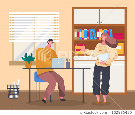 Businesspersons dressed in casual clothes communicating at the table with laptop, talking 102585430