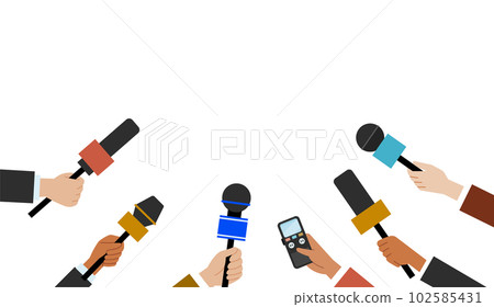 Hands are holding colorful microphones. Correspondents interviewing with special equipments Hands are holding colorful microphones. Correspondents interviewing with special equipments 102585431
