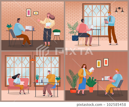 Employees work in office building. Heads, managers, subordinates. Office staff during workflow 102585458