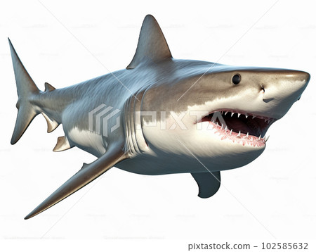 A predator great white shark swimming in the ocean coral reef shallows just below the water line closing in on its victim . 3d rendering with god rays A predator great white shark swimming in the ocean coral reef shallows just below the water line closing in on its victim . 3d rendering with god rays 102585632