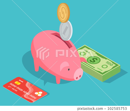 Means of payment, money savings. Concept of big money. Big pile of cash. Credit bank card, moneybox Means of payment, money savings. Concept of big money. Big pile of cash. Credit bank card, moneybox 102585753