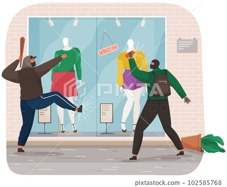 Vandals destroy the window of a closed store. Masked and hooded bandits destroy city property 102585768